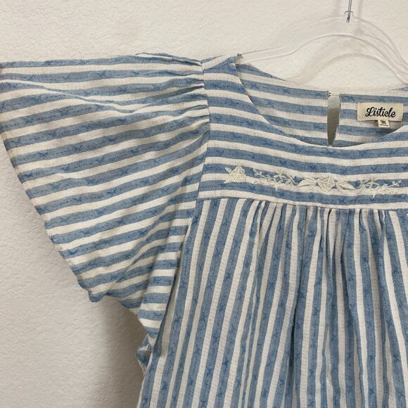 Listicle Medium Blue and White Flutter Sleeve Blouse Cotton Linen Embroidered - Picture 4 of 9
